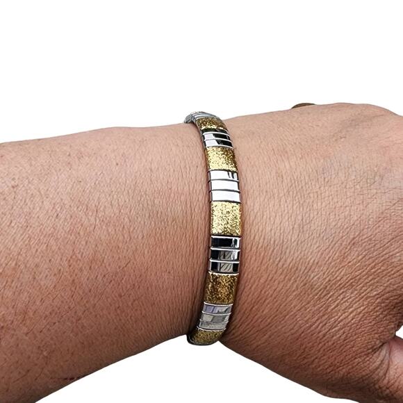 Milor Two Tone Polished Glitter Stainless Steel Stretchy Link Bracelet - Picture 7 of 7